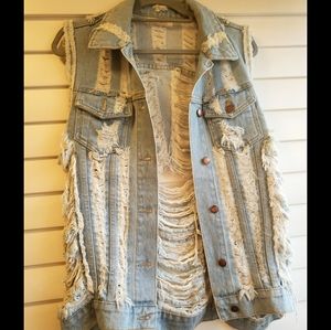 Ripped Jean Jacket Distressed Denim button up Vest